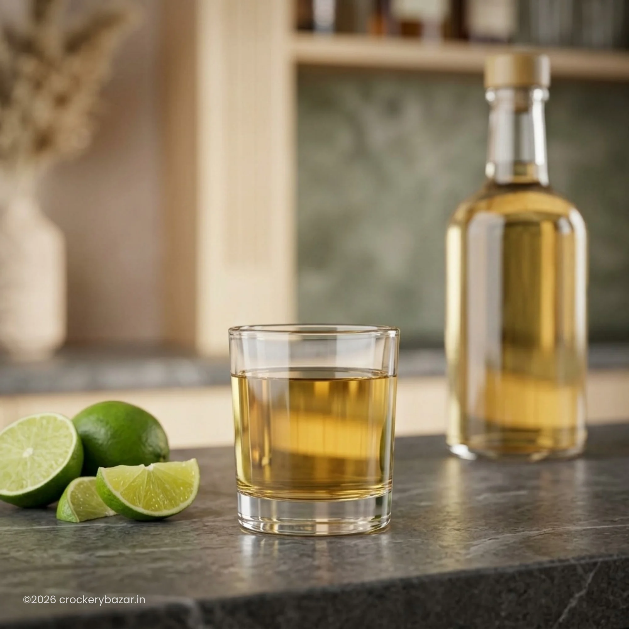Bormioli Rocco Caravelle Mod 10 thick glass shot glasses paired with lime and a liquor bottle in a home bar setting.