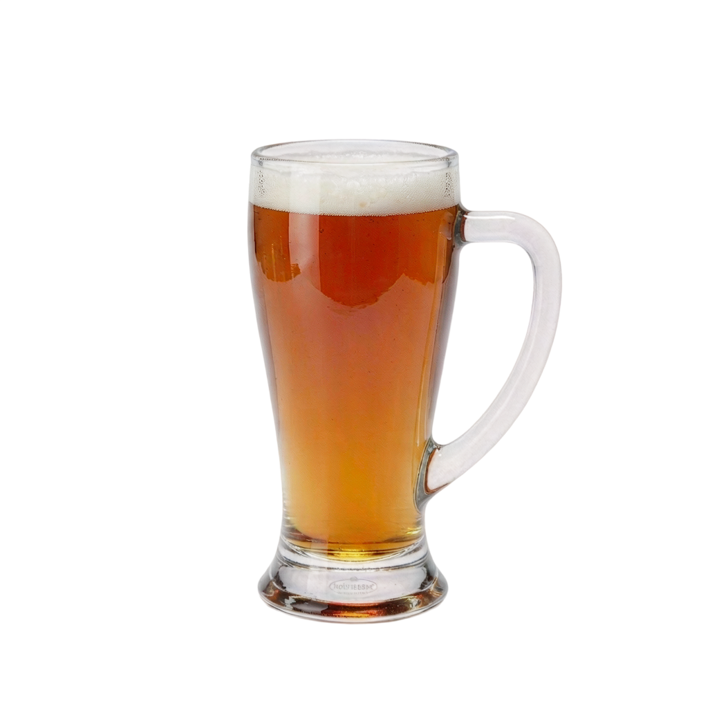 Bormioli Rocco Baveria glass beer mug 400 ml filled with chilled amber lager over a clean white background.