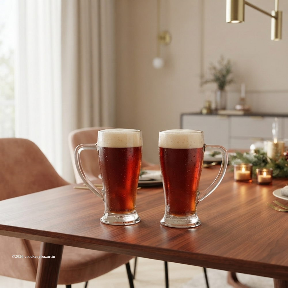 Two Bormioli Rocco Baviera glass beer mugs 400 ml filled with dark amber ale on a decorated dining table for festive celebrations.