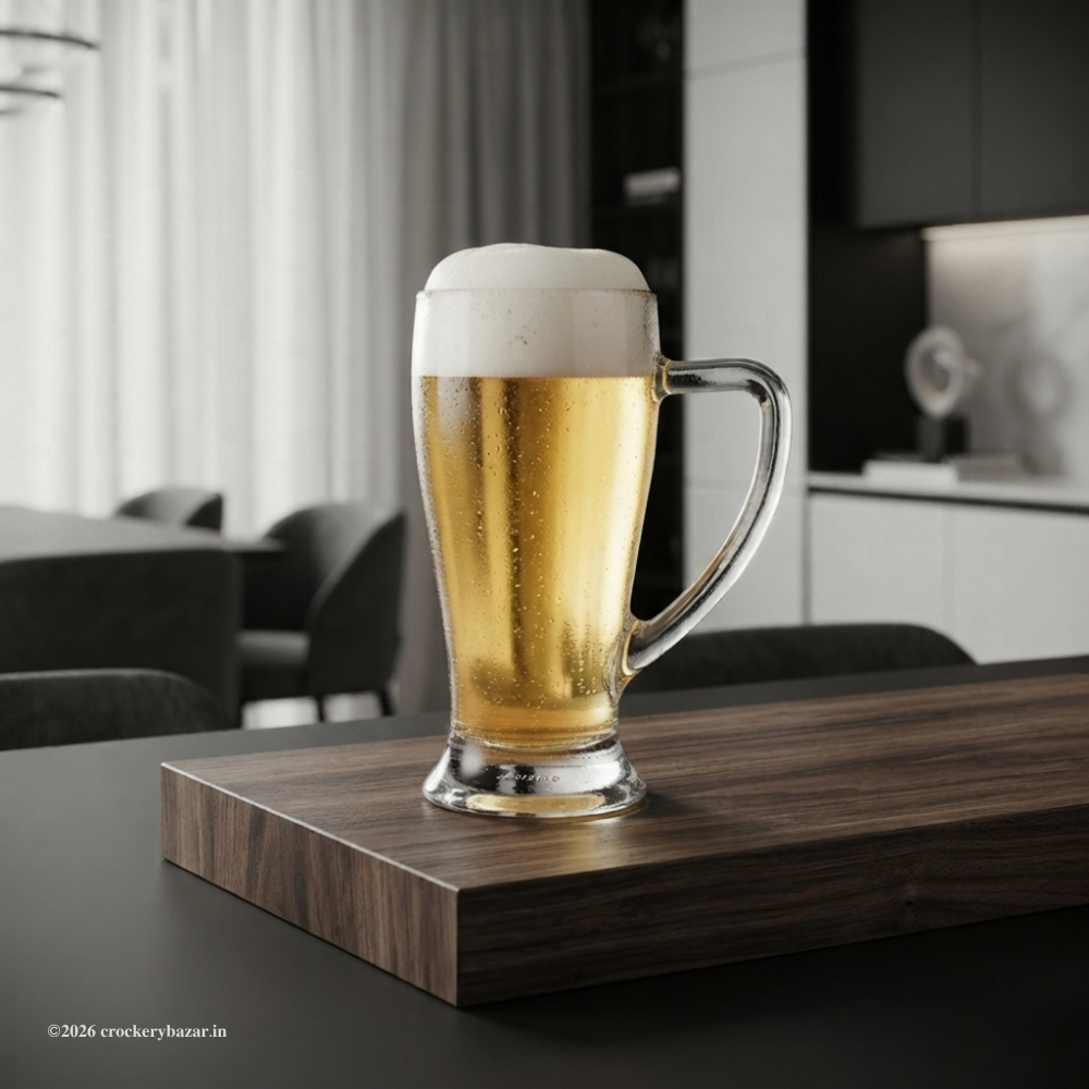 Close-up of a Bormioli Rocco Baviera glass beer mug 400 ml showing rich foam head and heavy glass base.