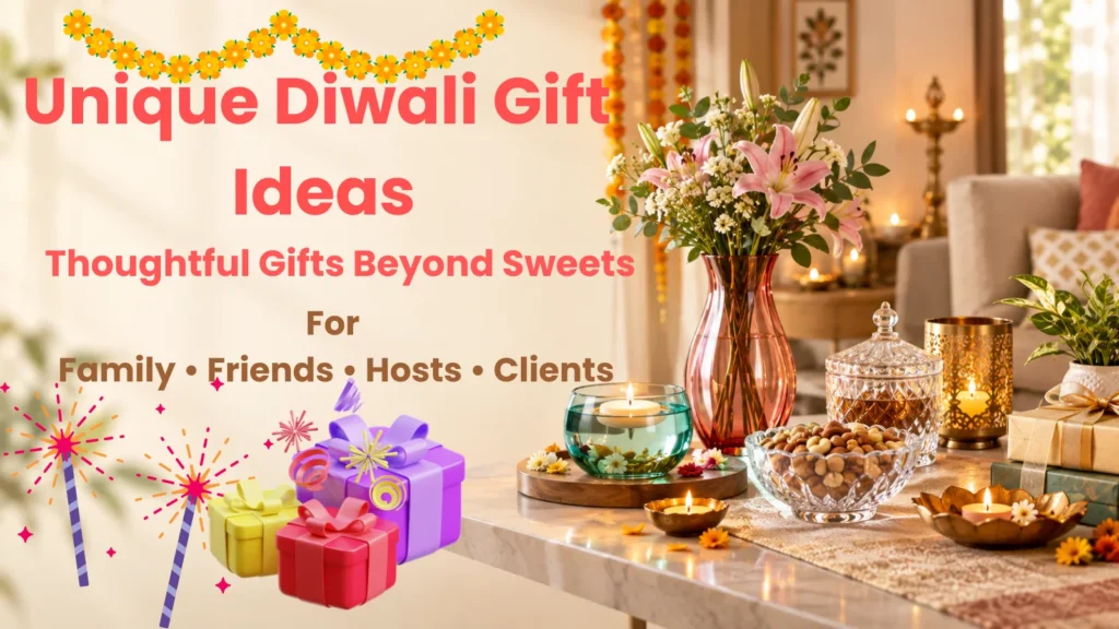 Unique Diwali gift ideas featuring elegant home decor glass vases floating candle holders and festive gift boxes