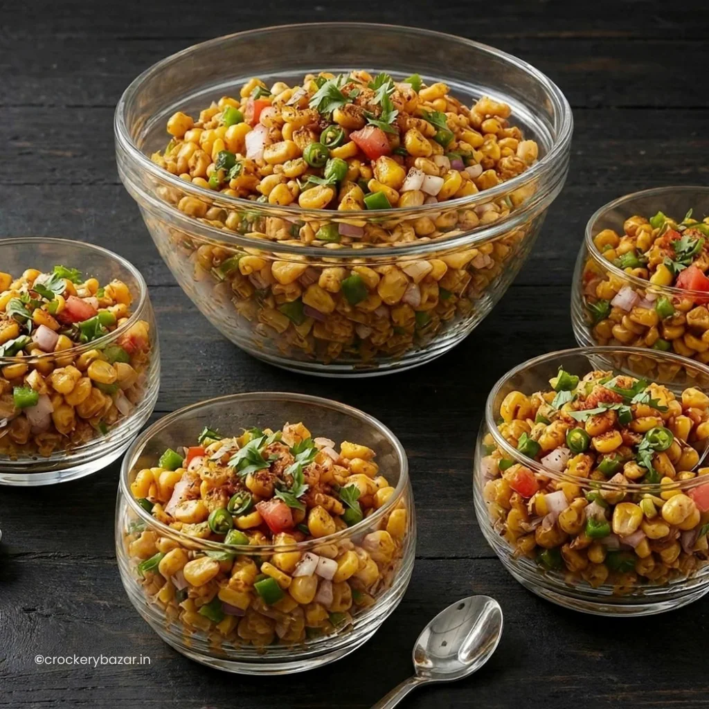 Crispy Fried Corn Chaat in a Bormioli Rocco Pompei glass bowl and four Nadir Figueiredo Lights bowls on a monochrome wooden table | Crockery bazar