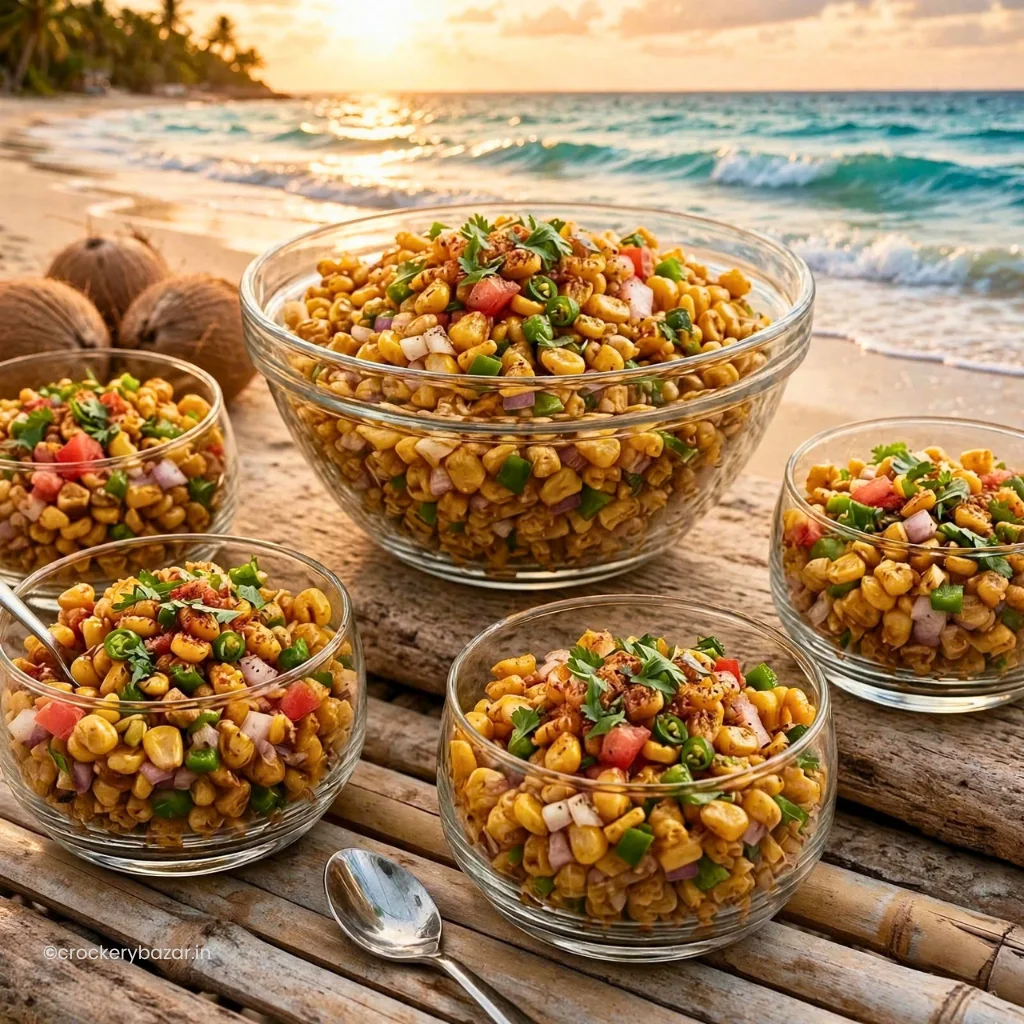 Crispy Fried Corn Chaat in Bormioli Rocco Pompei and Nadir Lights glass bowls on a wooden table by the beach | Crockery bazar