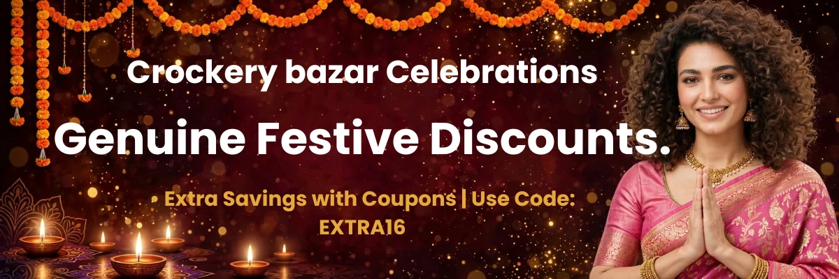 A seasonal promotional banner for Crockery Bazar featuring a smiling woman in a pink saree against a dark maroon home decor backdrop with lit festival diyas, announcing genuine festive discounts and coupon savings on premium glassware collections.