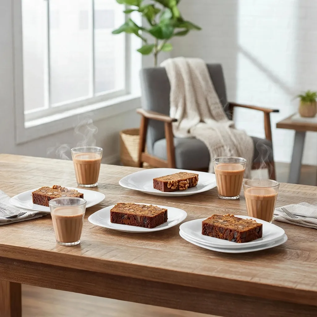 Slices of home made recipe vanilla dates walnut cake served on white square bormioli rocco parma snacks & dessert opal plates with hot steaming tea glasses on a wooden table.
