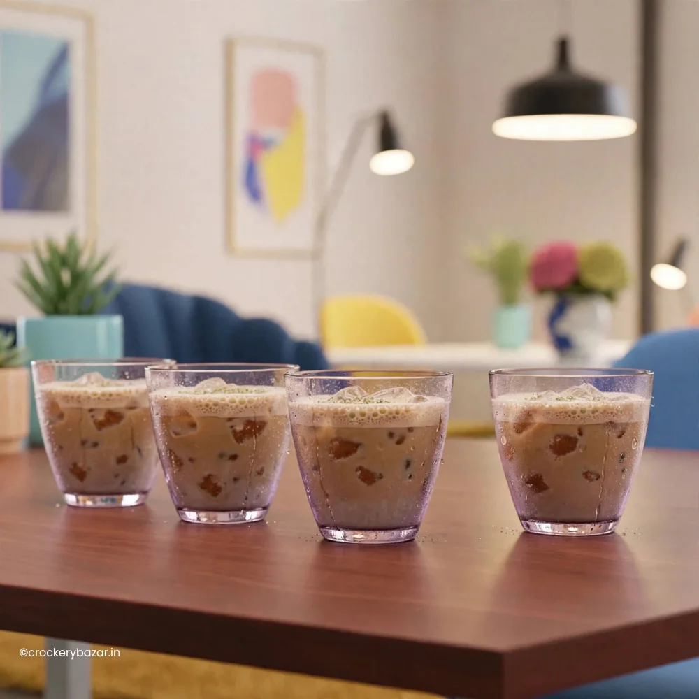 Jaggery Cardamom Cold Coffee served in purple Bormioli Rocco Zeno glasses in homemade recipes feature | Crockery bazar