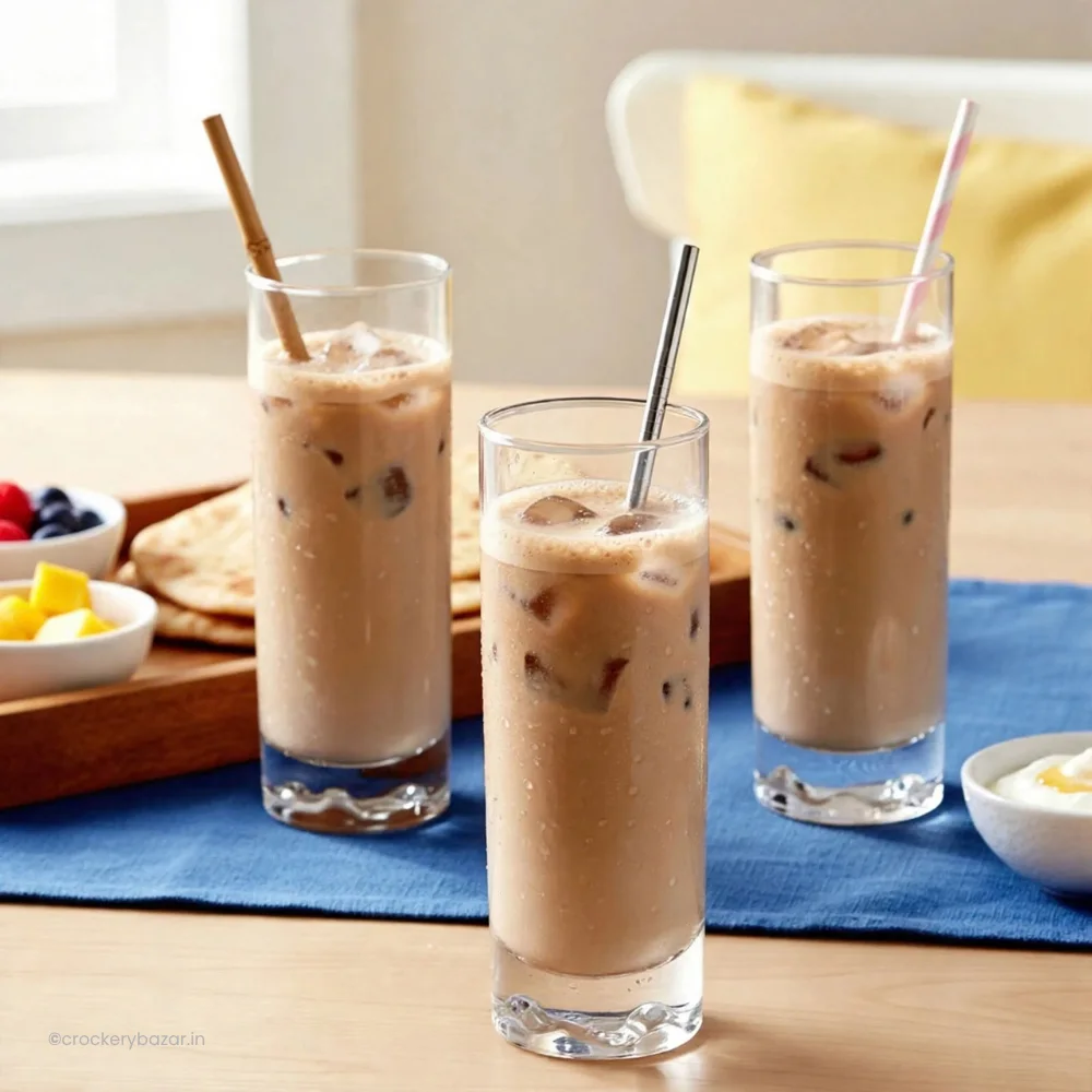 Jaggery Cardamom Cold Coffee served in Bormioli Rocco Durbar Duke glasses for homemade recipes | Crockery bazar