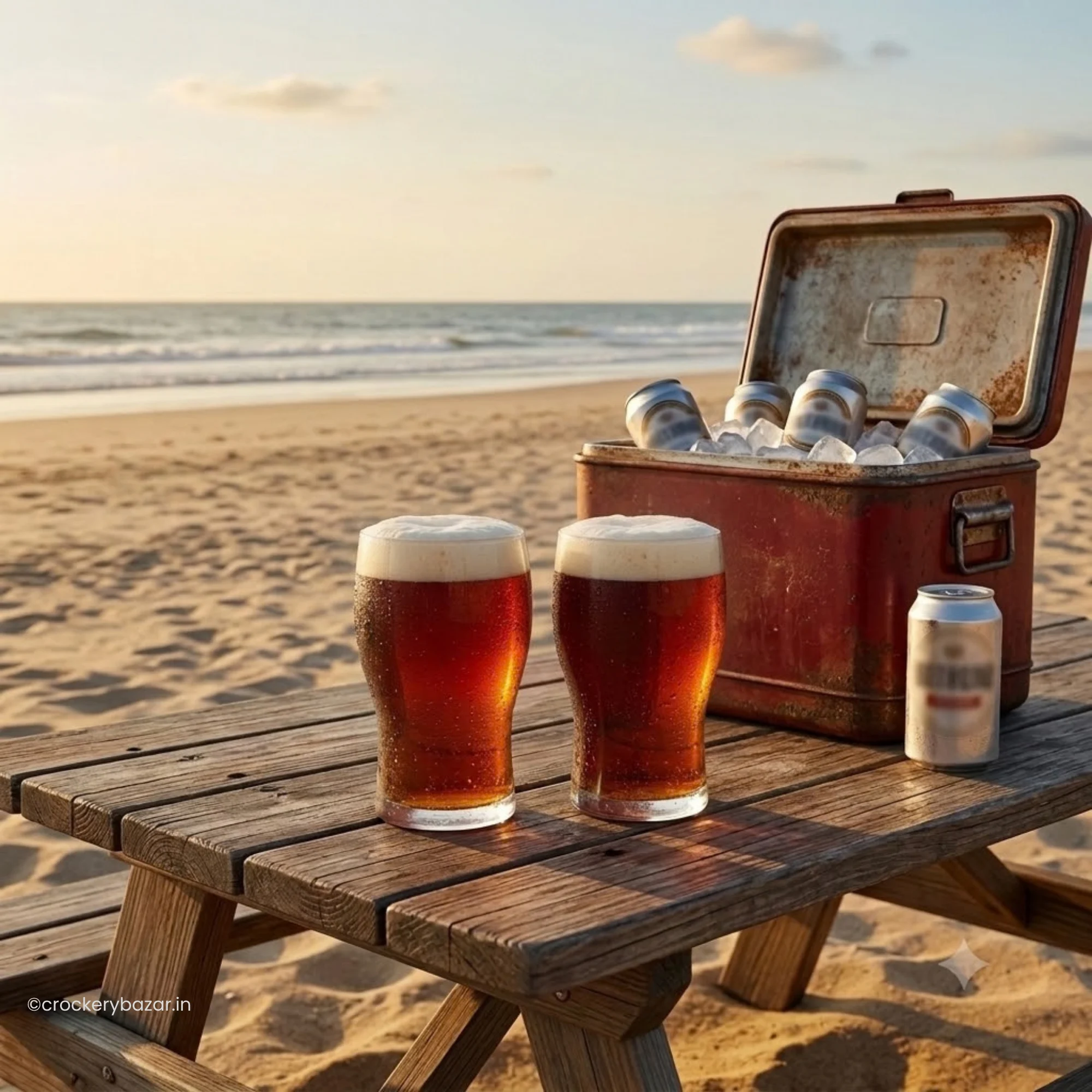 Outdoor picnic setting featuring luminarc beer glasses on a wooden table at the beach