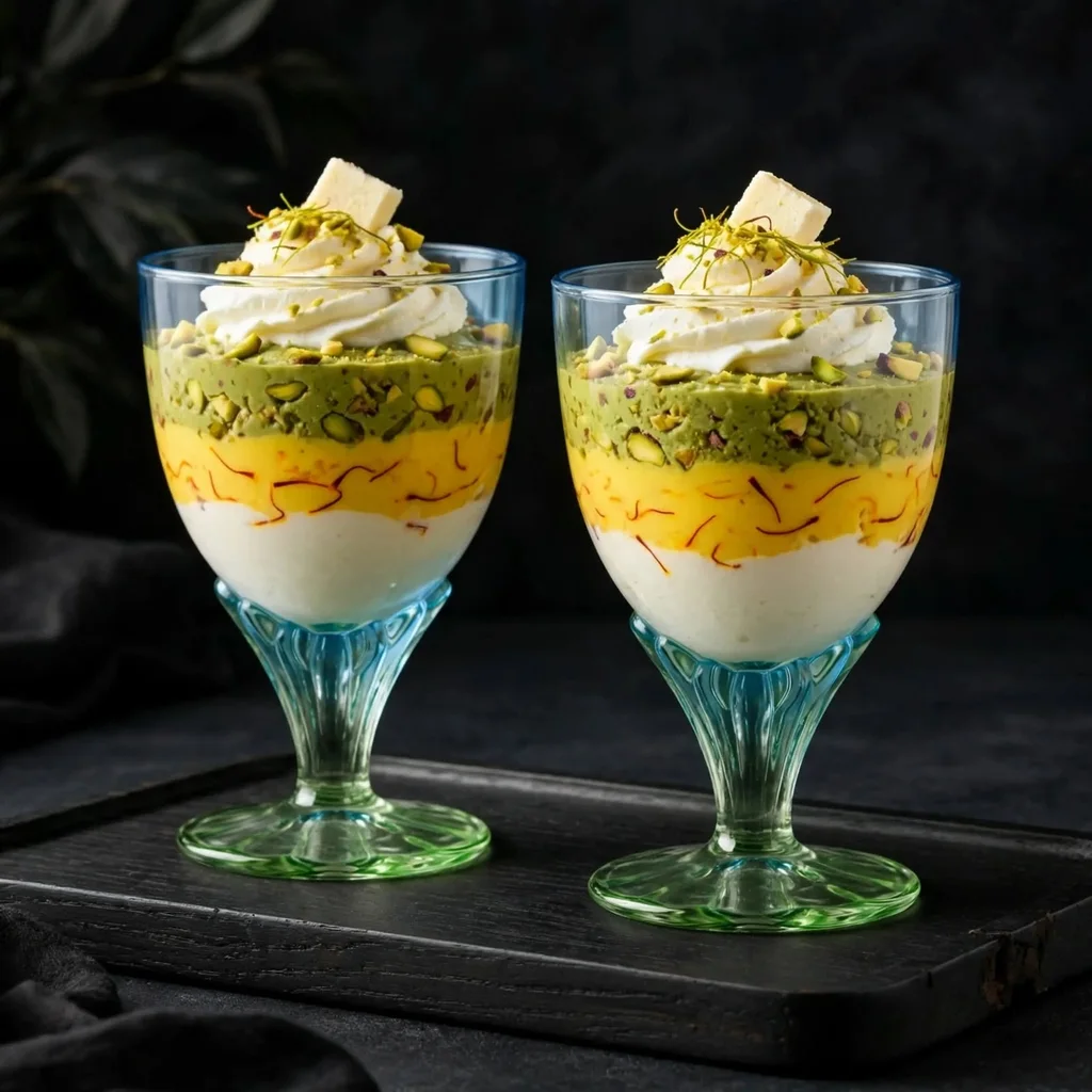 Royal Saffron Pista Kulfi Sundae in Bormioli Rocco Bahia cups from homemade recipes serving ideas
