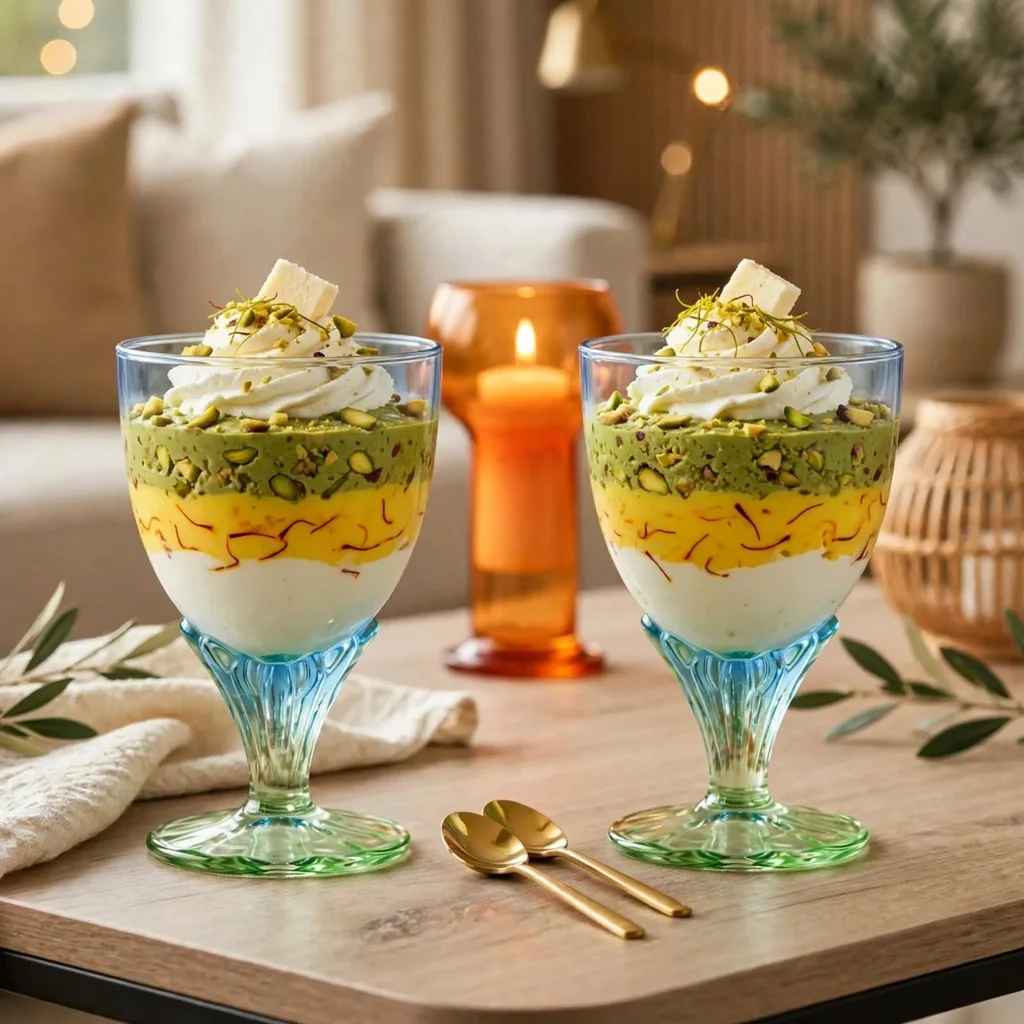 Royal Saffron Pista Kulfi Sundae served in Bormioli Rocco Bahia ice cream bowls for homemade recipes serving ideas